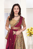 Floral Heritage Banarasi Silk Lehenga Choli Set with Embroidered Wine Dupatta for Women