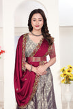 Silver Grey & Wine Red Banarasi Lehenga Choli with Embroidered Dupatta