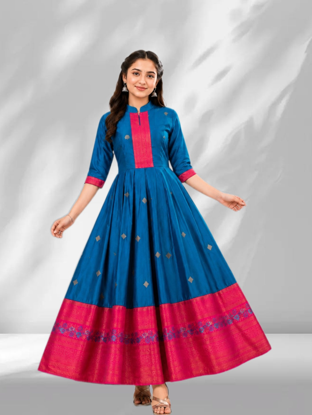 Traditional Silk Anarkali Dress with Printed Border – Ethnic Party Wear