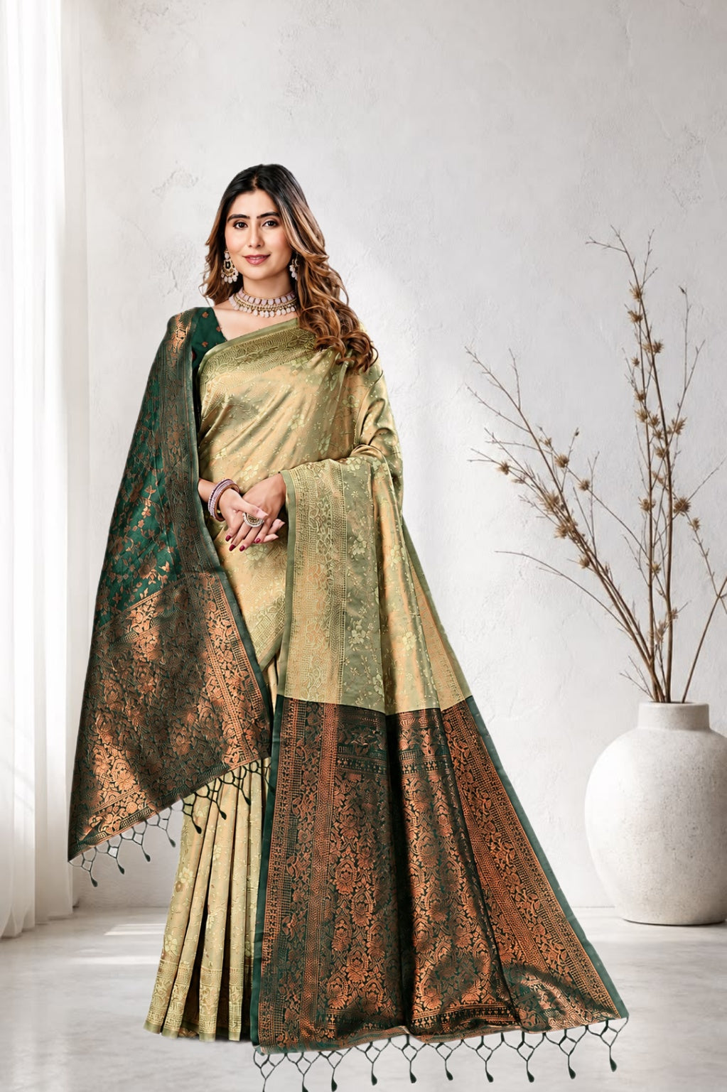 Traditional Jacquard Silk Saree with Woven Floral Motifs and Designer Border