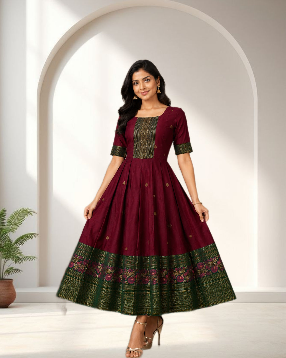 Traditional Ethnic Flared Anarkali Dress with Printed Border