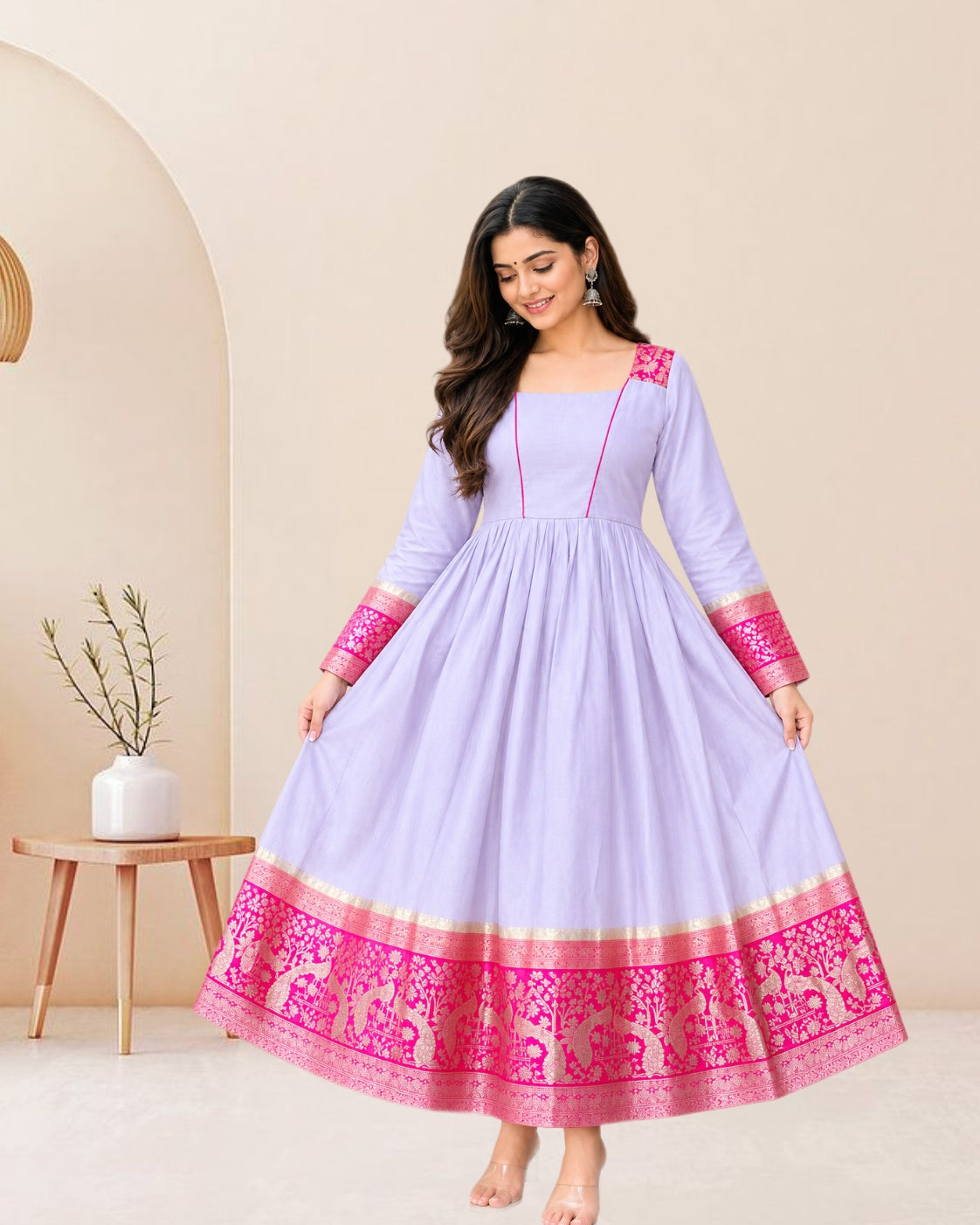 Women’s Anarkali Gown with Peacock Print Border