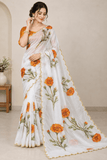Floral Print Organza Saree with Scalloped Gold Border