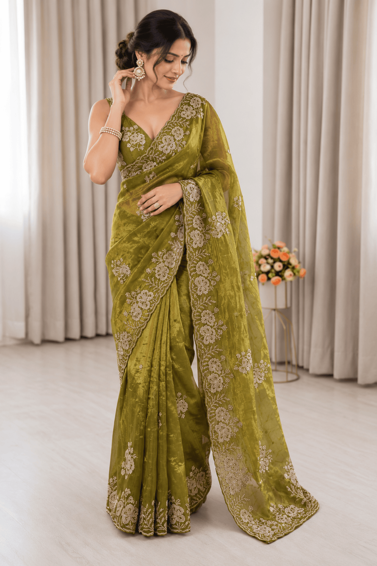 Pure Fandy Satin Beads Embroidered Saree with Sequin & Cutwork Border