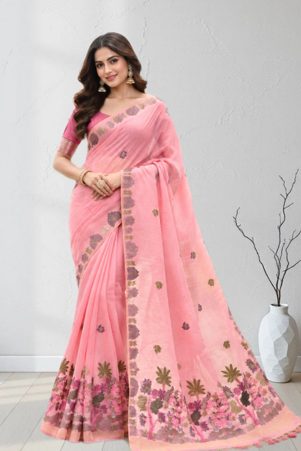 Floral Embroidered Designer Saree with Tassel Border