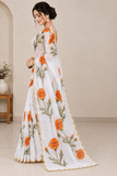 Floral Print Organza Saree with Scalloped Gold Border