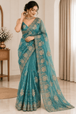 Pure Fandy Satin Beads Embroidered Saree with Sequin & Cutwork Border