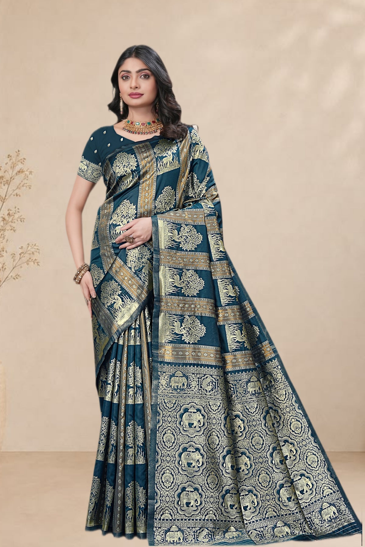 Traditional Jacquard Silk Saree with Elephant Motif and Woven Border