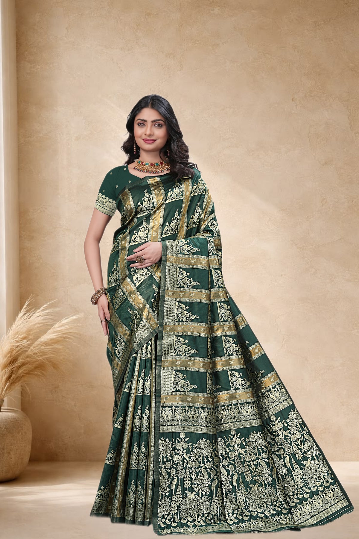 Designer Jacquard Silk Saree with Floral and Traditional Woven Motifs
