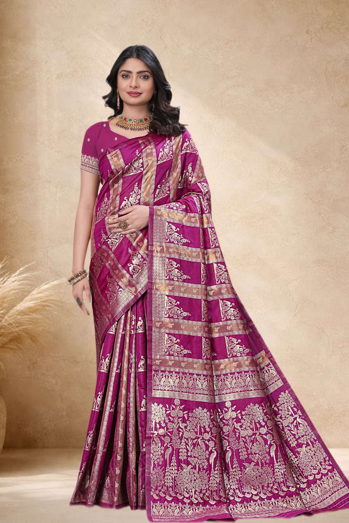 Designer Jacquard Silk Saree with Floral and Traditional Woven Motifs