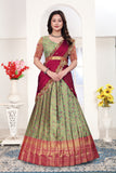Floral Banarasi Silk Lehenga Choli Set with Embroidered Wine Dupatta for Women