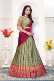 Floral Banarasi Silk Lehenga Choli Set with Embroidered Wine Dupatta for Women