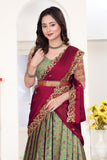 Floral Banarasi Silk Lehenga Choli Set with Embroidered Wine Dupatta for Women