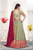Floral Banarasi Silk Lehenga Choli Set with Embroidered Wine Dupatta for Women