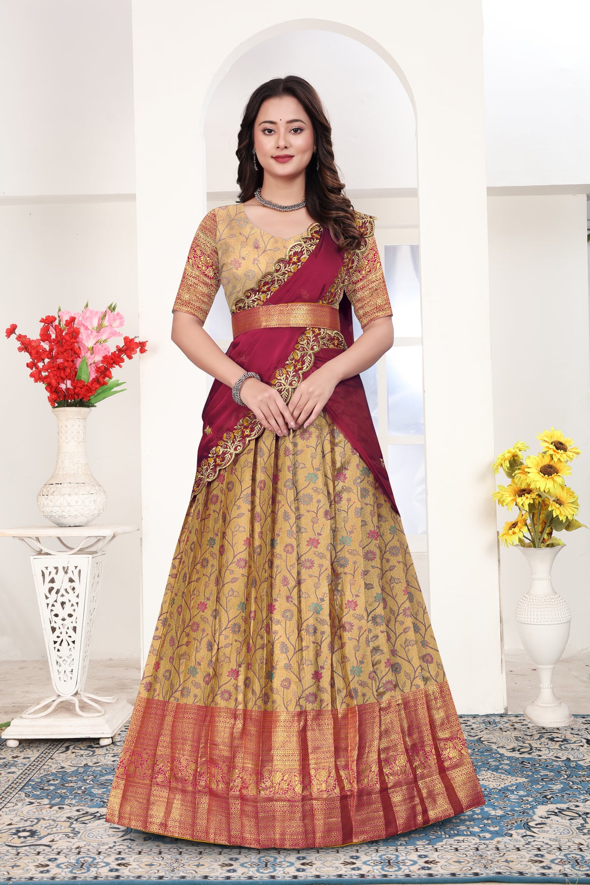 Floral Heritage Banarasi Silk Lehenga Choli Set with Embroidered Wine Dupatta for Women