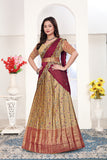 Floral Heritage Banarasi Silk Lehenga Choli Set with Embroidered Wine Dupatta for Women