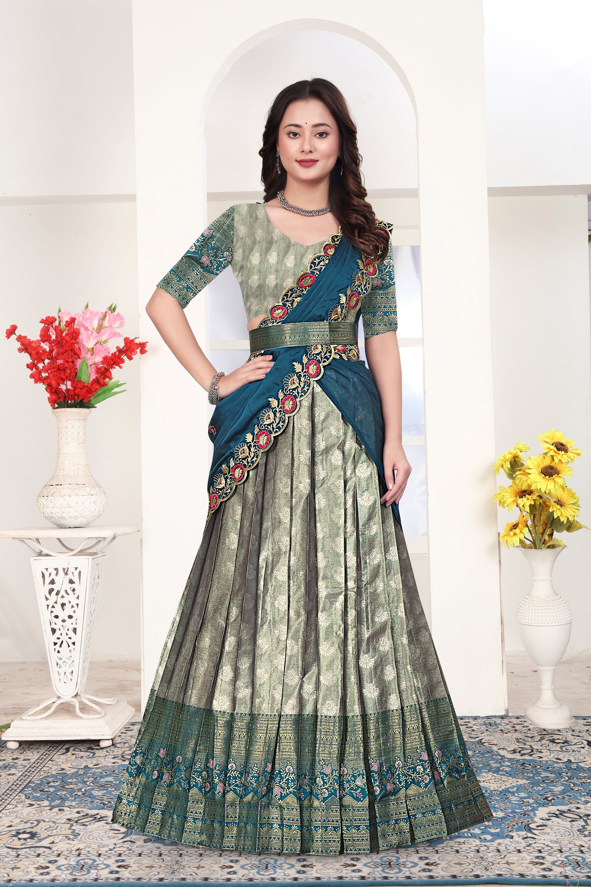 Royal Floral Border Banarasi Silk Lehenga Choli Set with Embroidered Dupatta for Women