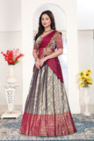 Silver Grey & Wine Red Banarasi Lehenga Choli with Embroidered Dupatta