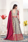 Silver Grey & Wine Red Banarasi Lehenga Choli with Embroidered Dupatta