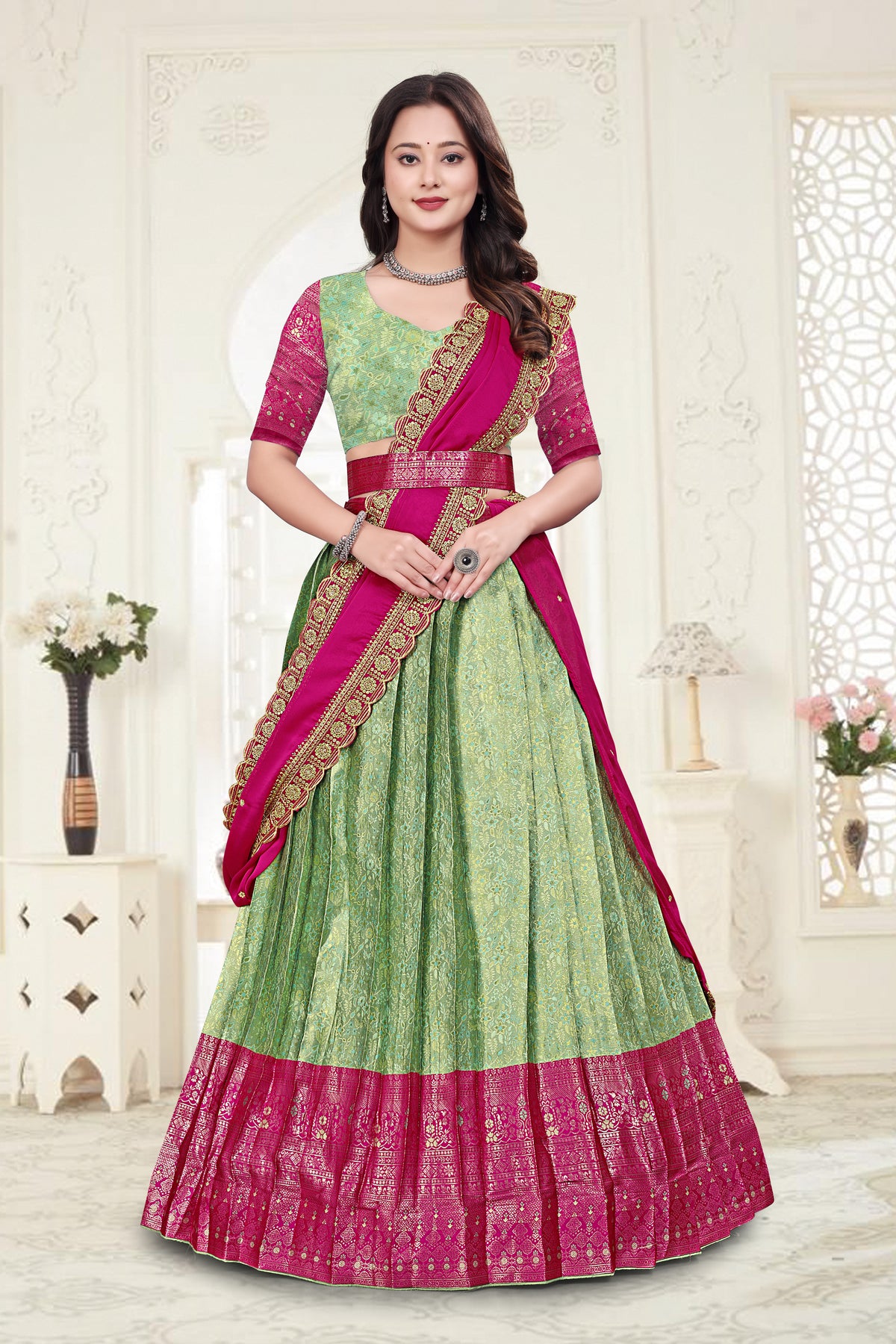 Premium Designer Sea Green & Rani Pink Banarasi Lehenga Choli with Embroidered Dupatta