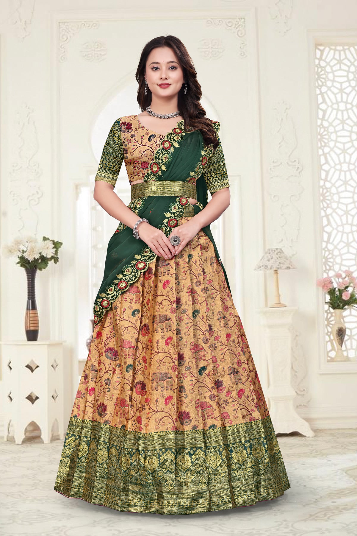 Premium Designer Beige & Bottle Green Banarasi Lehenga Choli with Embroidered Dupatta