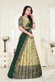 Premium Designer Beige & Bottle Green Banarasi Lehenga Choli with Embroidered Dupatta